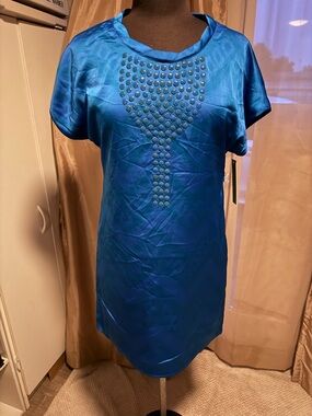 Marika Blue Satin Stud-Accent Mini Dress